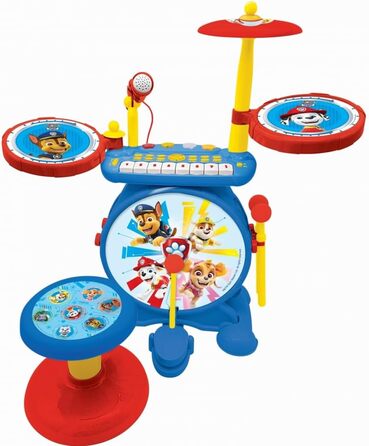 Чотириногий помічник Lexibook K610PA PAW Patrol - дитяча барабанна установка для переслідування, справжній цифровий звук барабанів, 8-нотна клавіатура, роз'єм для MP3, сидіння в комплекті, синій/червоний