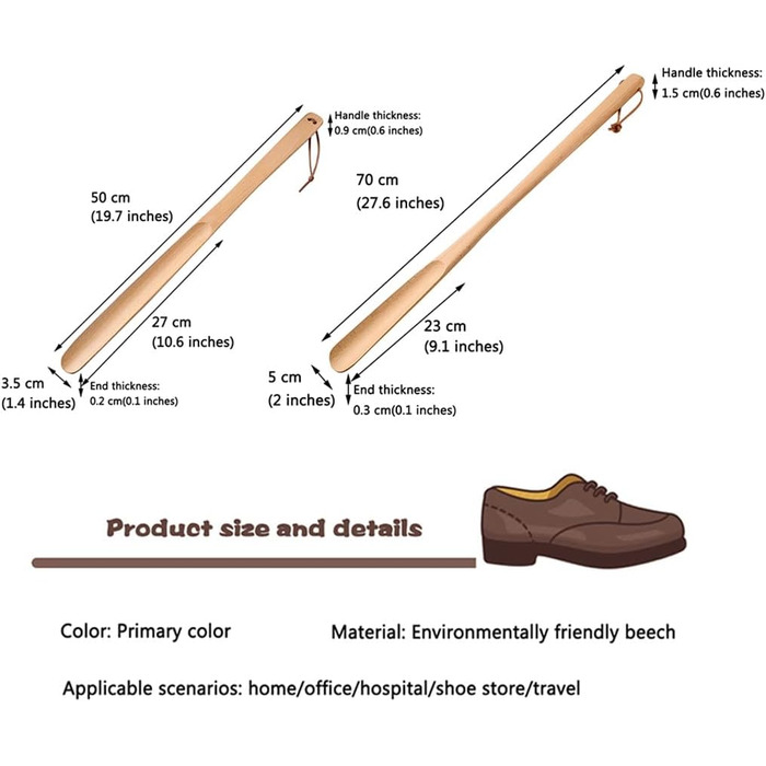 Легкий для перенесення короткий ріжк для взуття, побутовий підйомник взуття з надзвичайно довгою ручкою та шкіряним ремінцем, підходить для людей з обмеженою рухливістю (колір Pri 50 * 3,5 см 70 * 5 см основний колір