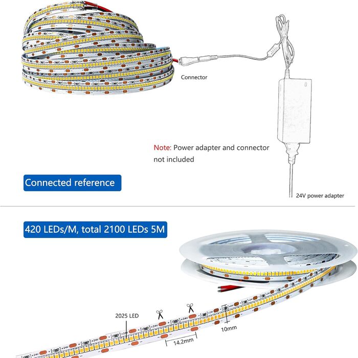 Світлодіодна стрічка Tesfish 24 В, теплий білий 3000K Pro версія супер яскравий, 5 м світлодіодна стрічка SMD 2025 IP20 420 світлодіодів/м, всього 2100 світлодіодів світлодіодна стрічка для спальні, оформлення кухні