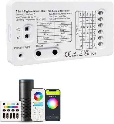 Контролер Світлова панель DC5-12-24V 144W Підтримка світлодіодної стрічки Освітлення сумісне з Alexa Storeo Echo Plus APP Controller 2.4G RF (ZBMINI), 3.0 Mini RGB CCT