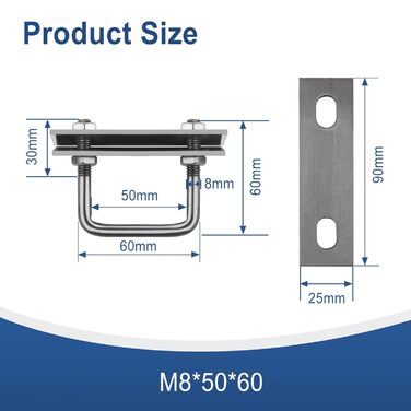Болт M8, U-подібний різьбовий кронштейн, квадратні болти, затискачі U-болтів, U-болти для саду, автофургонів, саморобок, сонячної установки та кріплення (4 шт., M8x50x60 мм)