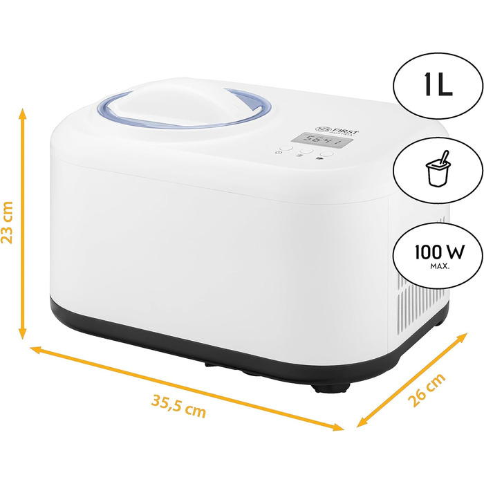 Перша австрійська морожениця та йогуртниця Морожениця самоохолоджувана з компресором і знімним відром для льоду об'ємом 1 літр Йогуртниця для дому - в т.ч. мірний стаканчик і лопатка