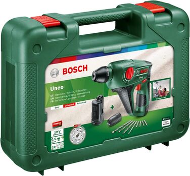 Акумуляторний перфоратор Bosch Uneo (2 акумулятора, 12 В, макс. глибина свердління в бетоні 10 мм, в кейсі) Комплект 2 акумулятора