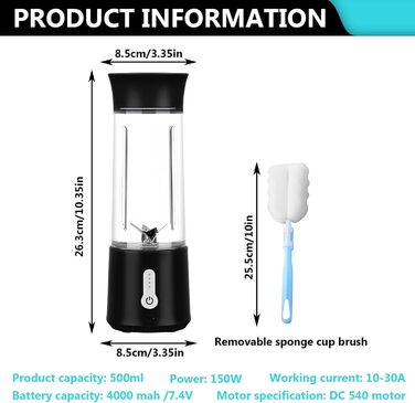 Портативний блендер, 500 мл особистий блендер з губкою для чашки, блендер, смузі-машина, портативний блендер, портативний міксер, портативний міні-міксер для подорожей, кухні, смузі та коктейлів