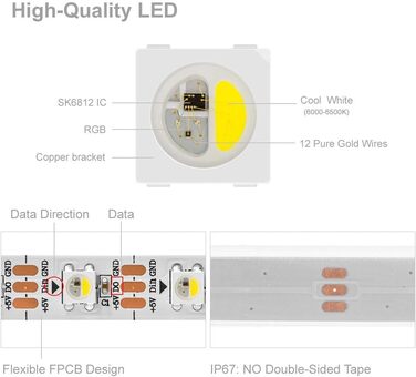 Холодний білий SK6812 (Подібний WS2812B) 5м 60LEDs/Пікселів/м 300LEDs Індивідуально адресований Гнучкий 4 кольори в 1 Світлодіодна стрічка Dream Color Водонепроникна IP67 DC5V