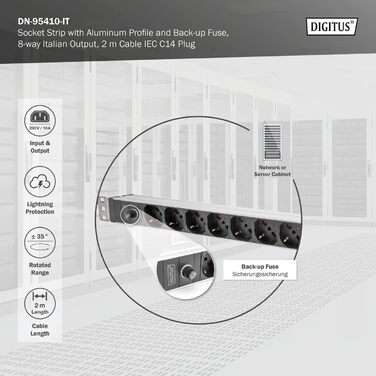 Подовжувач живлення DIGITUS 19 - - 1U - 250 В змінного струму - 50/60 Гц - 16 А - 4000 Вт (8 кранів, попередній запобіжник, ІТ-версія)