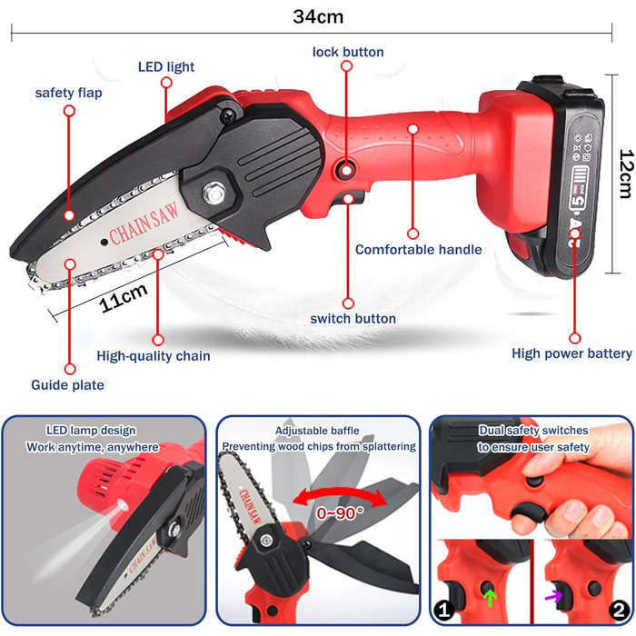 Міні-бензопила Bifrost з акумулятором 4-дюймова, акумуляторна ланцюгова пила Електрична одноручна ланцюгова пила Електрична акумуляторна ручна ланцюгова пила з 2 акумуляторами 2,0 Ач та 4 запасними ланцюгами, червона 4-дюймова червона міні-бензопила