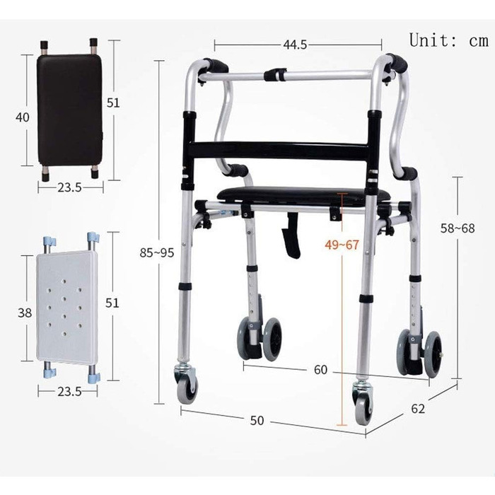 Інвалідний візок, алюмінієві ходунки, реабілітаційні тренінги, прогулянкова рама, функція складання однією кнопкою, портативне зберігання, з сидінням, старший