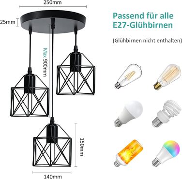Підвісний світильник EMKE Vintage 3 Полум'я Ретро підвісний світильник Стельова люстра Металевий абажур E27 Чорний, підходить для вітальні, їдальні та спальні