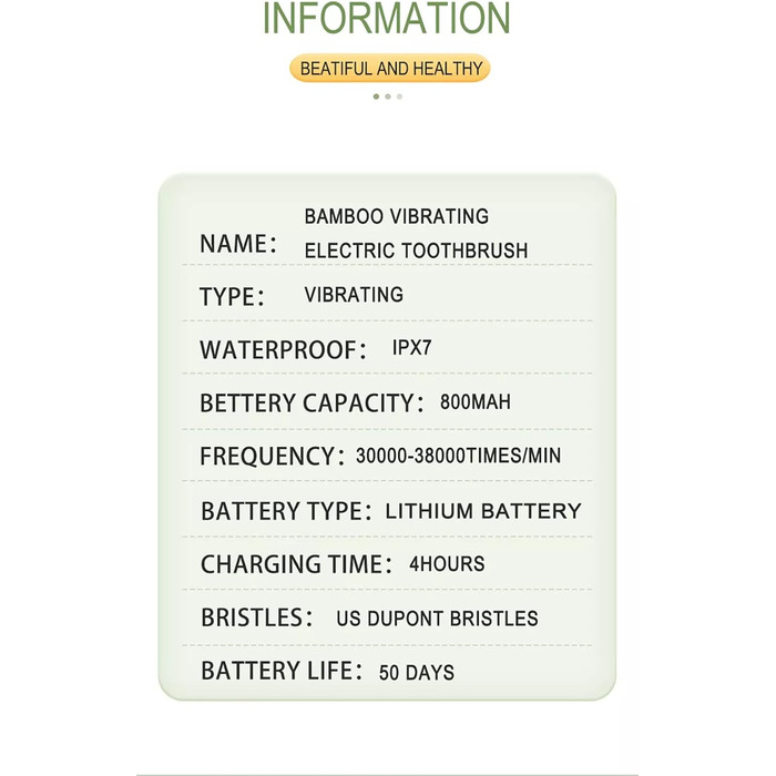 Електрична бамбукова зубна щітка Fayet, водонепроникна IPX8, розумна звукова електрична зубна щітка, 5 режимів, акумуляторна електрична бамбукова зубна щітка для дорослих і дітей доросла версія (бамбукові головки, бамбуковий корпус)