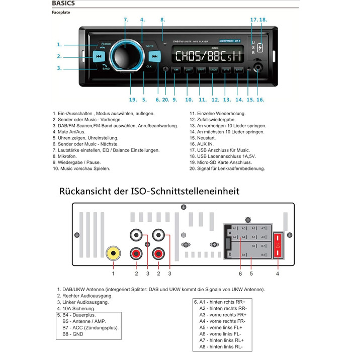 Автомобільна радіостанція DAB з музикою Bluetooth Гучний зв'язок I FM-радіо I 1A Функція заряджання смартфона I microSD USB AUX IN (ipod) I Вбудований мікрофон I Пульт дистанційного керування на кермі I 1 DIN mp3 WAV, 9