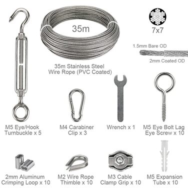 Набір тросів з нержавіючої сталі 60 шт. , сталевий трос 35 м/2 мм для шпалери з натягувачем троса M5, вушко для рим-болта/рим-болта, мотузкові наперстки, алюмінієві затискачі для мотузки, затискачі для дротяної мотузки 35 м/2 мм Комплект тросів