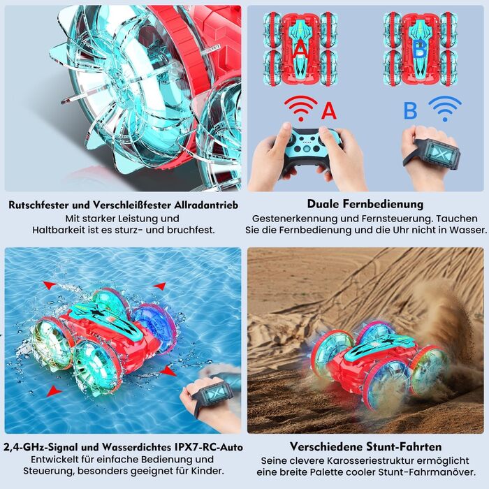 Автомобіль-амфібія з дистанційним керуванням, водонепроникний 4WD каскадерський автомобіль для гри у воді та на суші зі світлодіодними ліхтарями, обертається на 360, датчик жестів, 1 батарея, подарунки для дітей віком 4-7 років, 8-12 A-4WD каскадерський а