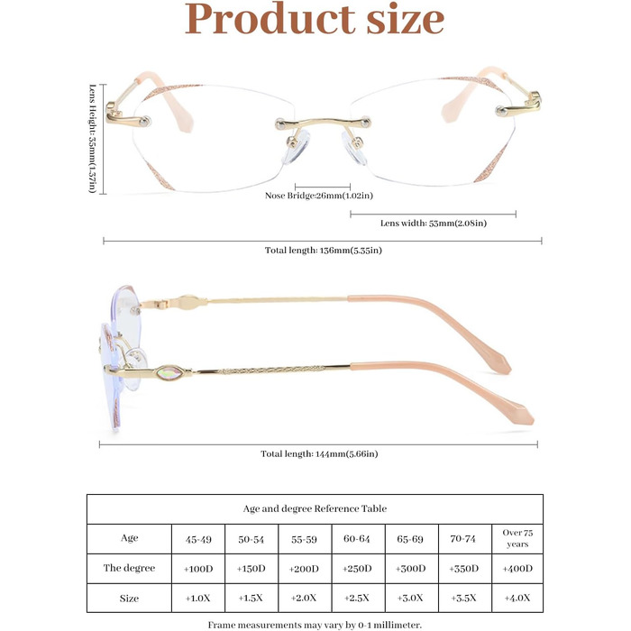 Жіночі окуляри для читання LUFF без оправи, безоправний металевий модний діамантовий край з синім світлом для комп'ютерного читання, проти навантаження на очі 1,5 шт. золото