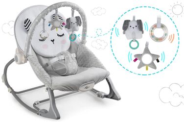 Дитяча гойдалка Nukido Baby Bouncer з музикою - Металевий каркас і міцний пластик - Замок гойдалки - Вібраційна система - Додаткова іграшка Montesorri - 48 x 62 см - Сірий