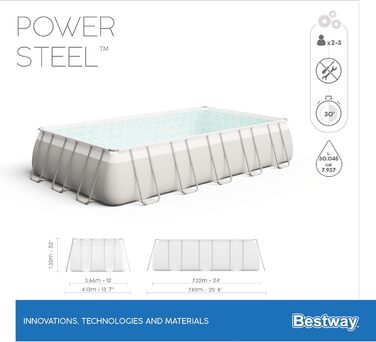 Басейн Bestway Power Steel Frame Pool Complete with Filter Pump 732 x 366 x 132 см, світло-сірий, квадратний