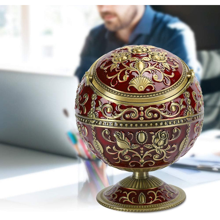 Попільничка Jaxenor Retro Globe з кришкою - старовинний дизайн квітки троянди, аксесуари для куріння з цинкового сплаву винно-червоного кольору