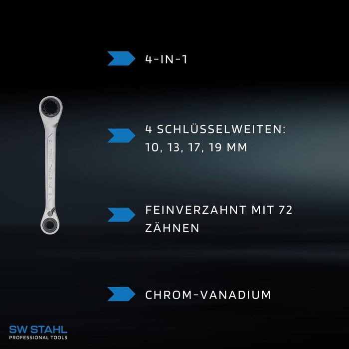 Ключ з кільцевим храповиком 4 в 1 SW 10, 13, 17, 19 мм з реверсивною функцією та тонкою головкою з храповиком I Кільцевий храповик I 72 зубці I Пряма форма I Ключ з храповиком I Ключ з кільцевим храповиком, 03580L