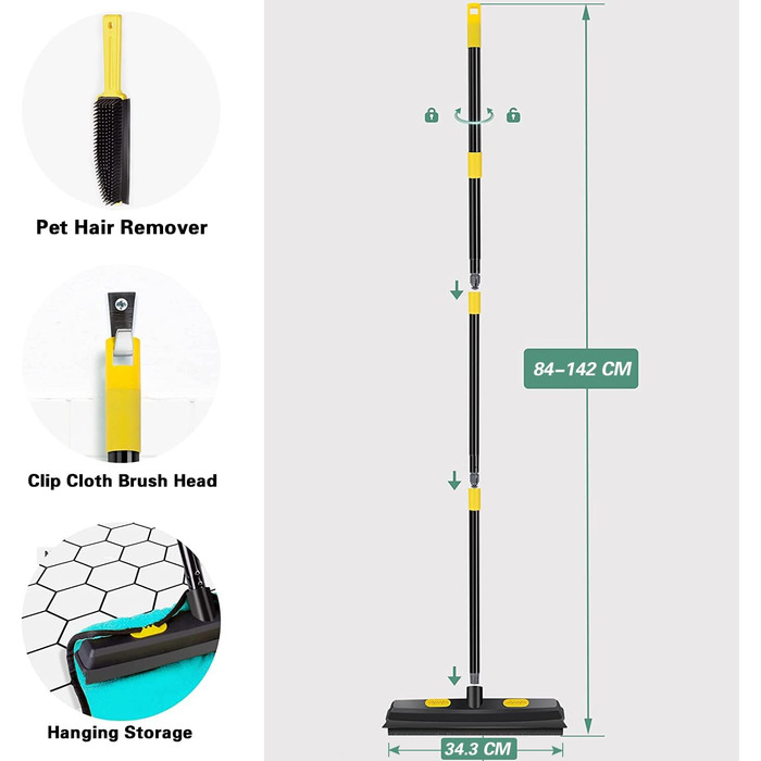 Гумовий віник зі знімачем шириною 34 см Гумова щетина з телескопічною ручкою, видалення шерсті тварин, кішок, собак, щітка для підлоги для килима Листяна деревина Віконна плитка, для внутрішнього приміщення, водонепроникний, жовтий, чорний-жовтий