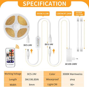 Світлодіодна стрічка COB 5M тепла біла, світлодіодна стрічка 24 В з регулюванням яскравості 3000K, світлодіодна стрічка самоклеюча з пультом дистанційного керування, світлові смуги водонепроникні IP44 з блоком живлення, світлодіодна стрічка 5м для ванної 