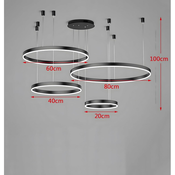 Металева світлодіодна люстра WayLuoung 3 кола 204060см Стельовий підвісний світильник з кільцями 45 Вт, пульт дистанційного керування з регулюванням яскравості 3000-6000K, підвісний світильник з акриловим абажуром, вітальня, спальня, фойє, їдальня (чорний