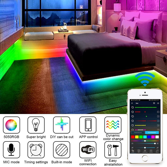 М світлодіодна стрічка RGB WIFI 600LED (30 світлодіодів/м) 12 В 10 А Світлові стрічки WiFi зі зміною кольору Світлодіодні стрічки з можливістю затемнення для прикраси бару на день народження Сумісний з Alexa Google Home, 20