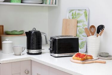 Тостер Russell Hobbs на 2 скибочки Inspire Black з високоякісною глянцевою структурою (надзвичайно широкі отвори для тостів, включаючи насадку для булочки, 6 рівнів підрум'янювання функція розморожування та підігріву) 24371-56