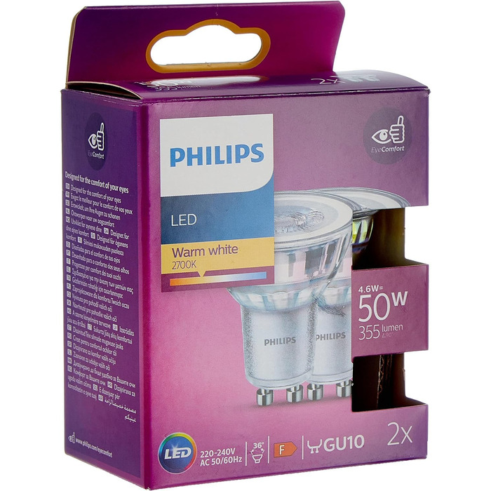 Лампи Philips LED Classic GU10 Warm Glow (50 Вт), світлодіодні плями з рефлектором із регулюванням яскравості та теплим білим світлом, енергозберігаючі лампи з тривалим терміном служби (50 Вт, 2 упаковки, без регулювання яскравості)