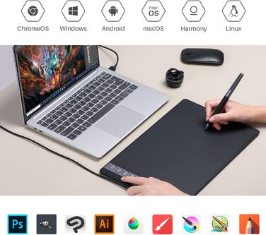 Графічний планшет HUION Inpiroy 2 6,3 x 3,9 дюйма портативний планшет для малювання з 8192 пучками без батарейок цифровий тифт, 6 актів друку ролик, для Windows Mac Linux Android ChromeO Roa (L, чорний)