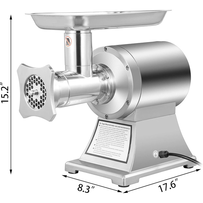 Електрична м'ясорубка VEVOR 1100 Вт, машина для фаршу 250 кг на годину, електрична 448 x 210 x 387 мм, ковбасна машина з нержавіючої сталі 193 об/хв, для ресторану, супермаркету, м'ясного магазину