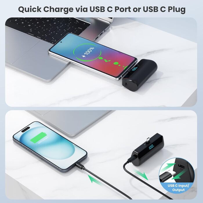 Для iPhone 16/15 серії, PD Fast Charging Power Bank USB C Зовнішній акумулятор з РК-дисплеєм, сумісний з iPhone 16/15 Plus Pro Max, Samsung S24, USB C телефонами Android тощо., 5200mAh