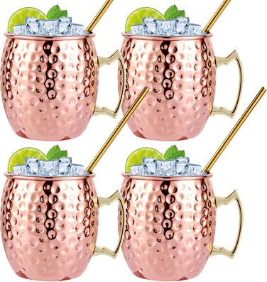 И Moscow Mule кружки, мідні кружки 530 мл, чашки Moscow Mule мідні кружки для коктейлю Moscow Mule з 4 соломинками для дому, бару, вечірки, 4 шт.