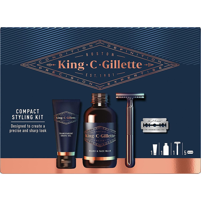 Подарунковий набір Gillette King C. Gillette Compact Styling безпечна бритва з подвійною ріжучою кромкою 5 лез прозорий гель для гоління 30 мл гель для вмивання бороди та обличчя 60 мл