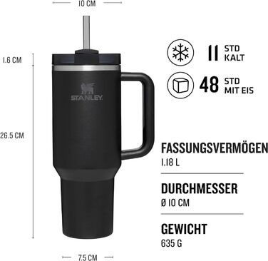 Пляшка для води Stanley Quencher H2.0 FlowState з соломинкою 1,2 л - термокружка охолоджує 11 годин - 48 годин Ice-Cold - Можна мити в посудомийній машині - термос Пляшка BPA Free - Кавова кружка на винос - чорний чорний тональ