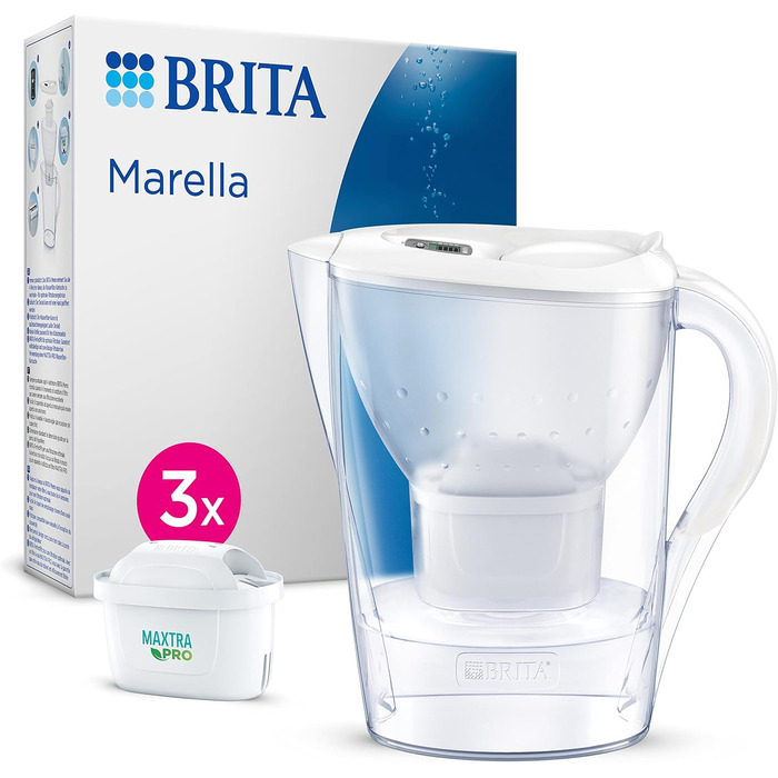 Фільтр для води BRITA Глечик-глечик Марелла білий (2,4 л), в т.ч. 3 шт. картридж MAXTRA PRO All-in-1 фільтр для води для зменшення вапняного нальоту, хлору, свинцю, міді та речовин, що погіршують смак у воді