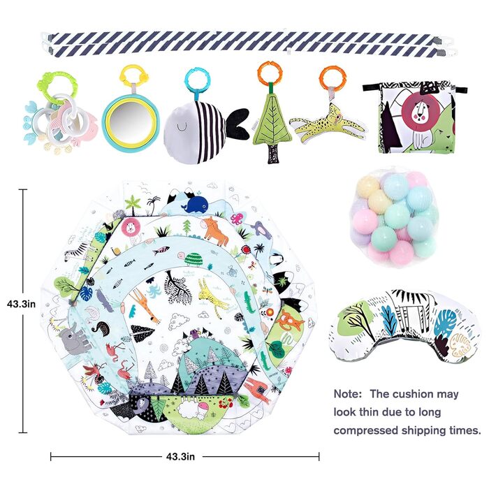 Дитяча ігрова ковдра TFDER 8-в-1 з ігровою аркою, багатофункціональна ігрова арка для новонароджених з басейном з кульками, 18 м'ячів і з 7 знімними сенсорними іграшками, ігрові килимки для немовлят від 0 місяців (біло-сірі)