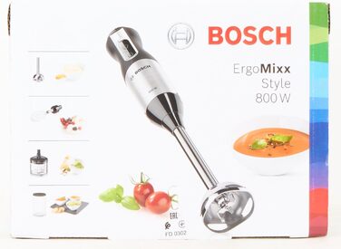 Ручний блендер Bosch ErgoMixx Style MS6CM4150, ніжка блендера з нержавіючої сталі, чашка для змішування та вимірювання, віночок, 4-лезовий ніж, ергономічний дизайн, 12 рівнів плюс турбо, 800 Вт, L-подрібнювач з нержавіючої сталі 500 мл