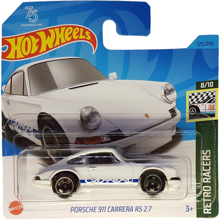 Ретро-гонщики 8/10 - HKG42 - Коротка картка - білий - Mattel 2023, 911 Carrera RS 2.7 -