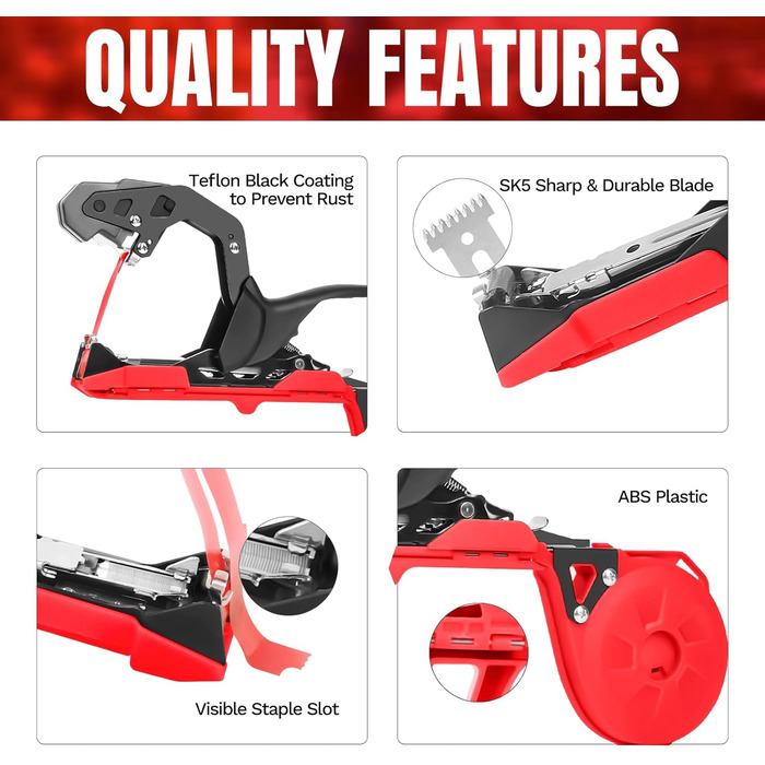 Плоскогубці для підв'язування рослин Soojook, машина для підв'язування рослин 420 г, машина для підв'язування рослин з 10000 скоб 20 рулонів зеленої стрічки SJ-8108R Red
