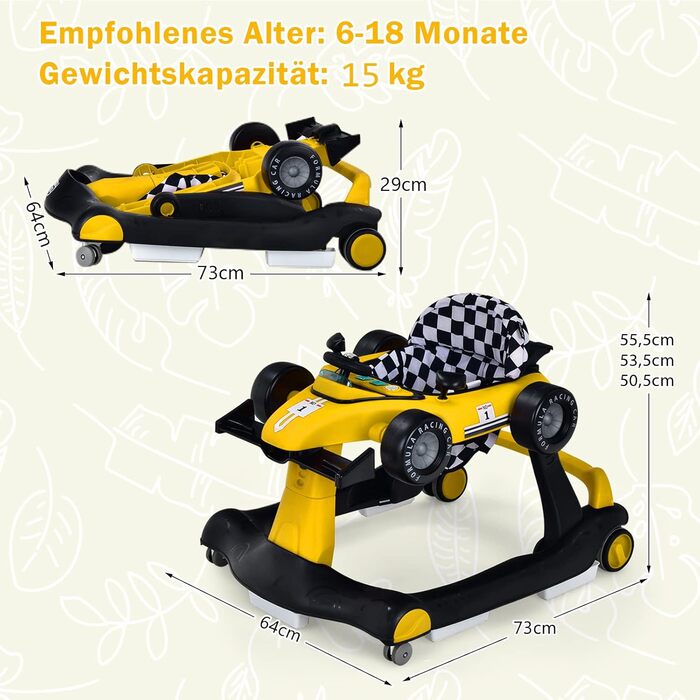 Ходунки для немовлят COSTWAY 4 в 1, ходунки для немовлят складні з регульованою висотою та швидкістю, ходунки у формі автомобіля з музичною скринькою, світло та колеса, дитина без прогулянок від 6 місяців, навантаження 15 кг (жовтий)