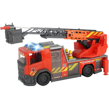 Пожежна драбина Dickie Toys Scania з поворотною драбиною, функція розпилення води, Rosenbauer, світло та звук, вкл. батарейки, з висувною поворотною драбиною та опорними ніжками, 25 см, червона