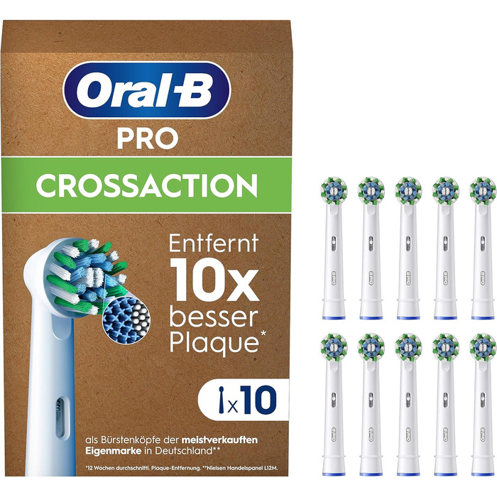 Щітки Oral-B Pro CrossAction для електричної зубної щітки, 12 шт. , чудове чищення зубів, X-щетина, оригінальна насадка для зубної щітки Oral-B, упаковка, готова до поштової скриньки, Зроблено в Німеччині (10 шт. (1 упаковка), Біла)