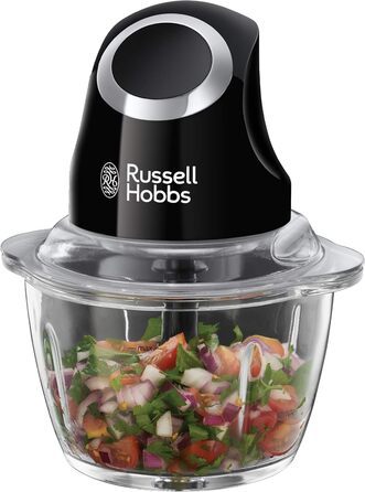 Електричний подрібнювач Russell Hobbs Mini скляний контейнер з кришкою для зберігання матовий чорний (500 мл, подрібнювач овочів, блендер, мульти-& універсальний подрібнювач овочів, фруктів і м'яса) 24662-56 Подрібнювач, одинарний