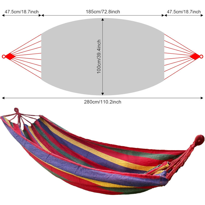 Гамак Firschoie, брезент 280 x 100 см загальна довжина 280 см Вантажопідйомність гамака 300 кг, смугастий туристичний гамак Зручні вуличні гамаки, гамгемат для вулиці, кемпінгу, балкона, пляжу (червоний)
