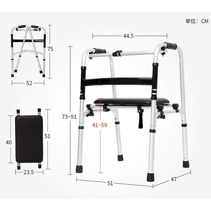 Інвалідний візок, легкий, складаний ходунки з нековзним, м'яким сидінням, регульованою по висоті рамою для ходьби, старший