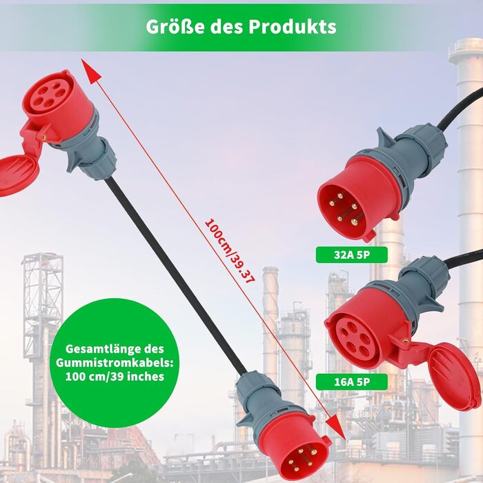 Адаптер CEE 32A до 16A, 1-метровий подовжувач, 5-контактний подовжувач штепсельної вилки, фазоперетворювач високої потужності, для промисловості, на відкритому повітрі