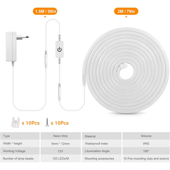 Тепла біла неонова світлодіодна стрічка Tlinkosta DC 12V, водонепроникна неонова стрічка 2M IP65, з сенсорним контролером диммера для внутрішнього зовнішнього декорування освітлення Теплий білий 2M