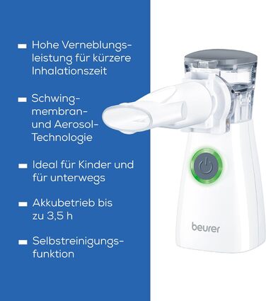 Інгалятор Beurer IH 55, сітчастий небулайзер з технологією осцилюючої мембрани, працює від батарейок і тихий, функція самоочищення, для лікування верхніх і нижніх дихальних шляхів, короткий час інгаляції (небулайзерна здатність > 0,4 мл/хв)