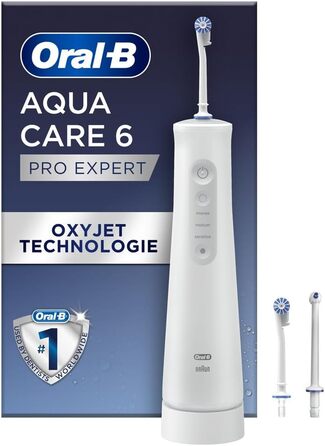 Акумуляторний іригатор для порожнини рота Oral-B AquaCare 6, 3 змінні насадки, очищувач міжзубних проміжків, дбайливе чищення зубів і здоров'я ясен, технологія Oxyjet, 3 режими для догляду за зубами, подарунок чоловіку/жінці, білий/сірий