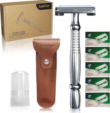 Чоловічий набір Amtier Safety Razor - включаючи 5 японських лез - Гемостатичний галун після гоління - Дорожній чохол для бритви Портативна шкіряна бритва Захисний чохол